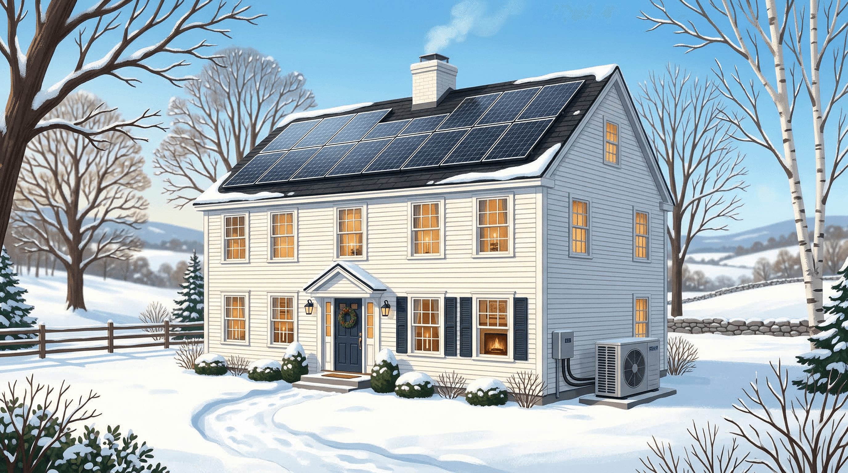 New Hampshire home with solar panels and heat pump outdoor unit in winter setting