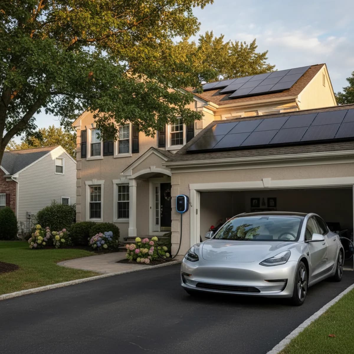 Electric vehicle charging station at a New Jersey home with solar panels