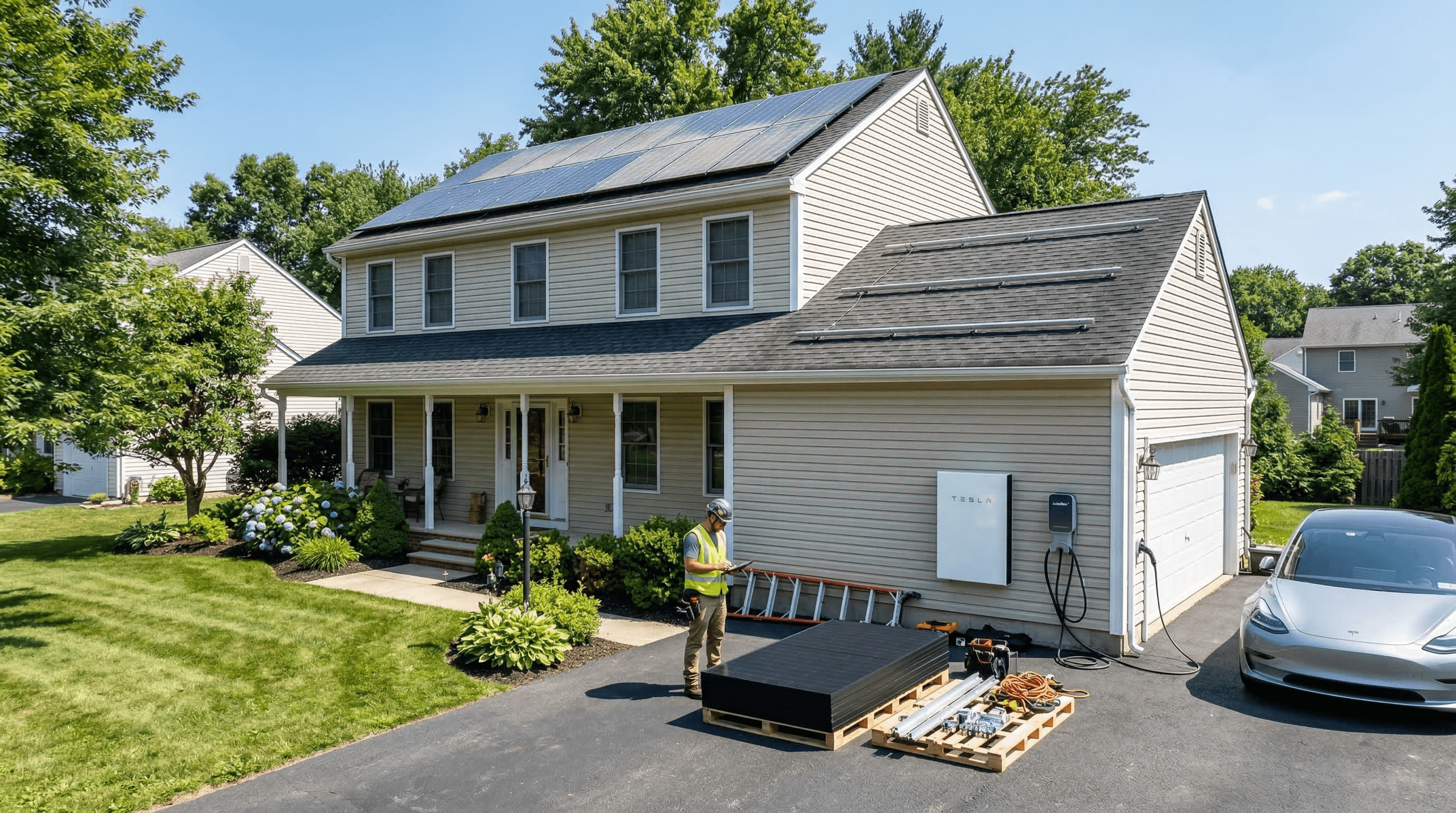 New Jersey home with existing solar panels being expanded with new panels, battery, and EV charger