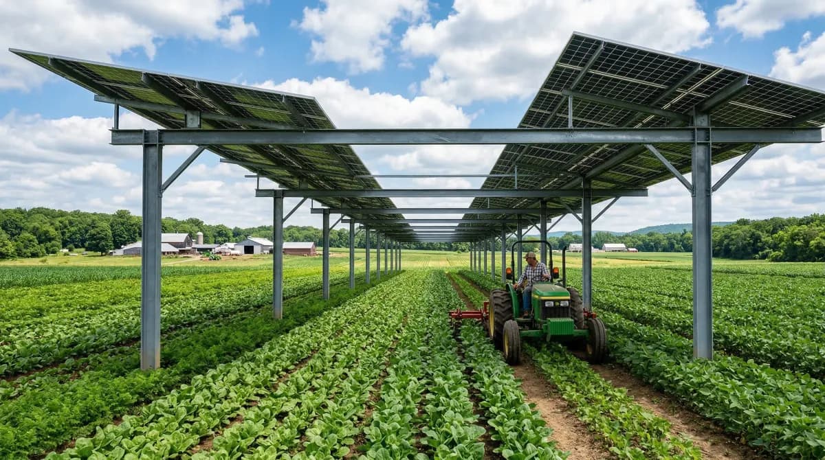 Solar panels elevated above rows of crops on a New Jersey farm, demonstrating dual-use agrivoltaic installation