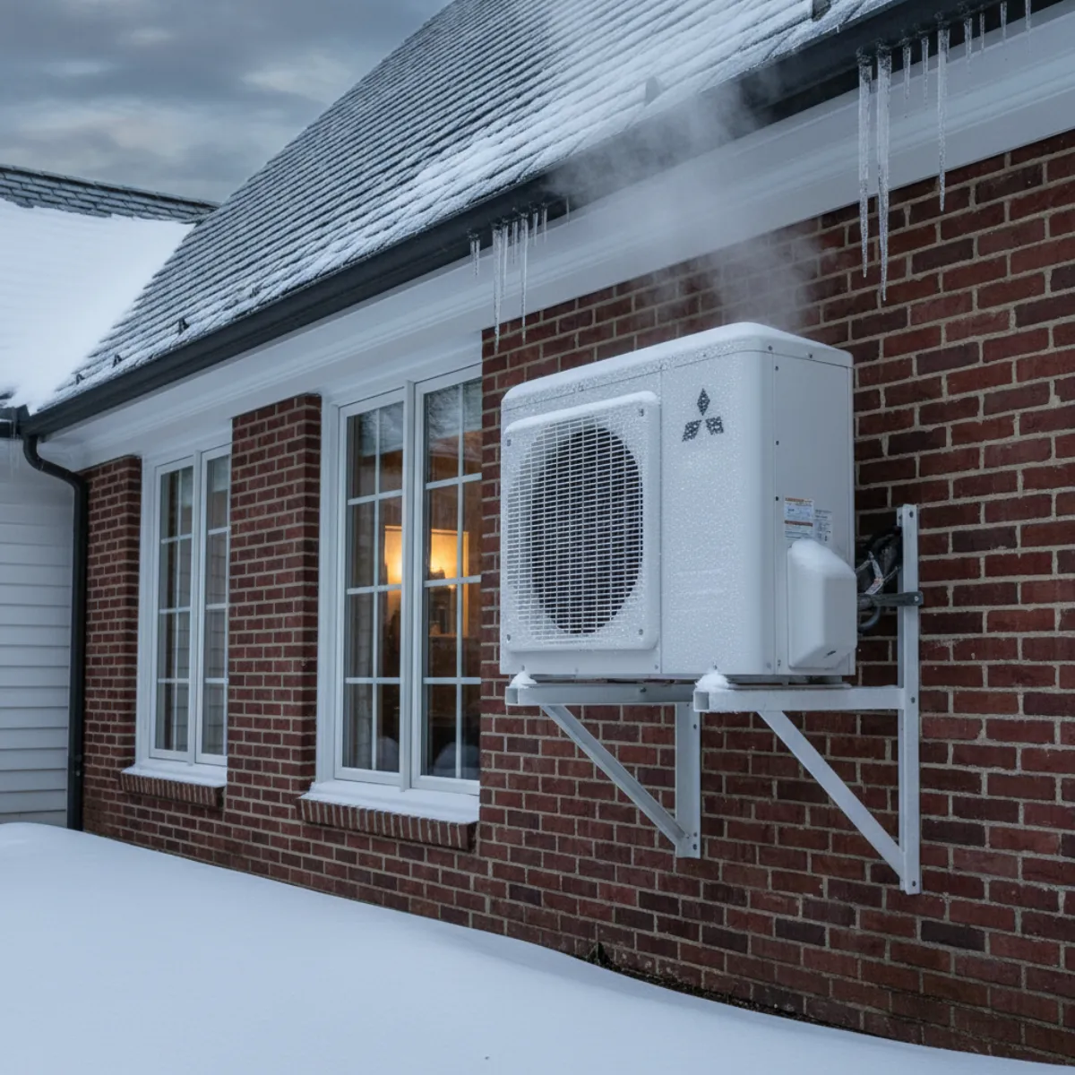 Heat pump outdoor unit operating in winter snow at a New Jersey home