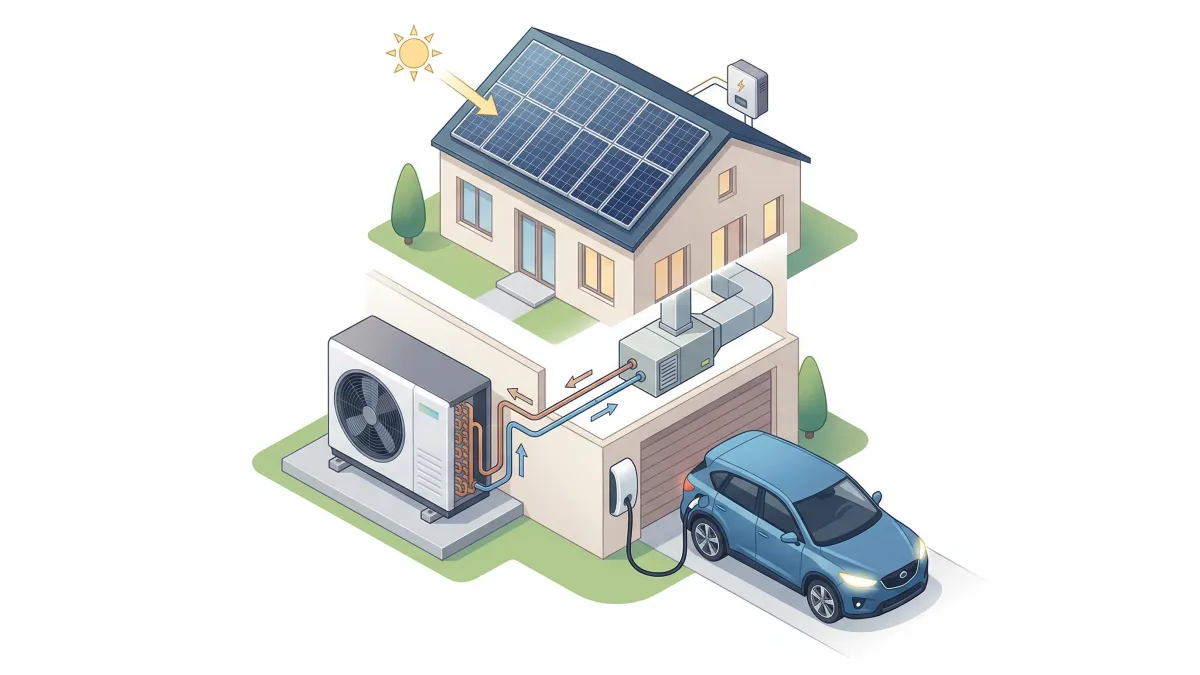 Three components of NJ whole-home electrification: solar panels, heat pump, and EV charger