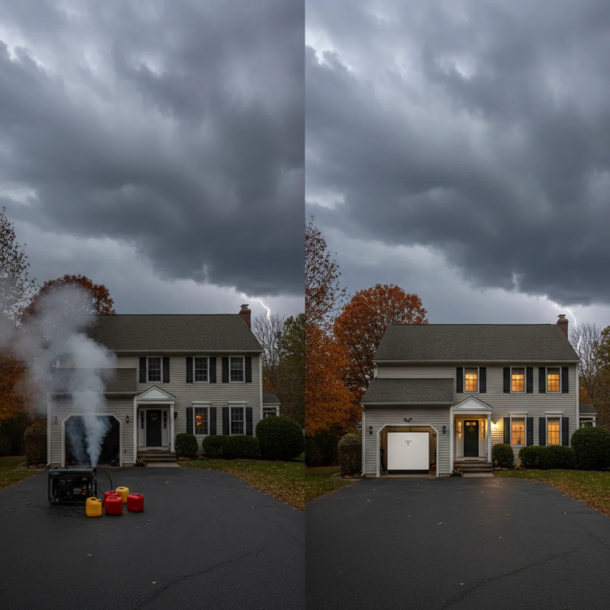 Side-by-side comparison of a standby generator and Tesla Powerwall at a NJ home