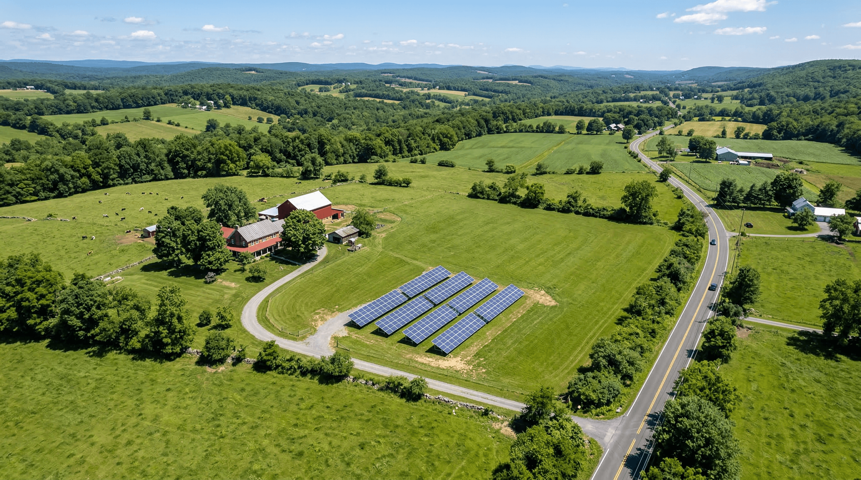 Aerial view of a ground-mounted solar array on a rural northwestern New Jersey property