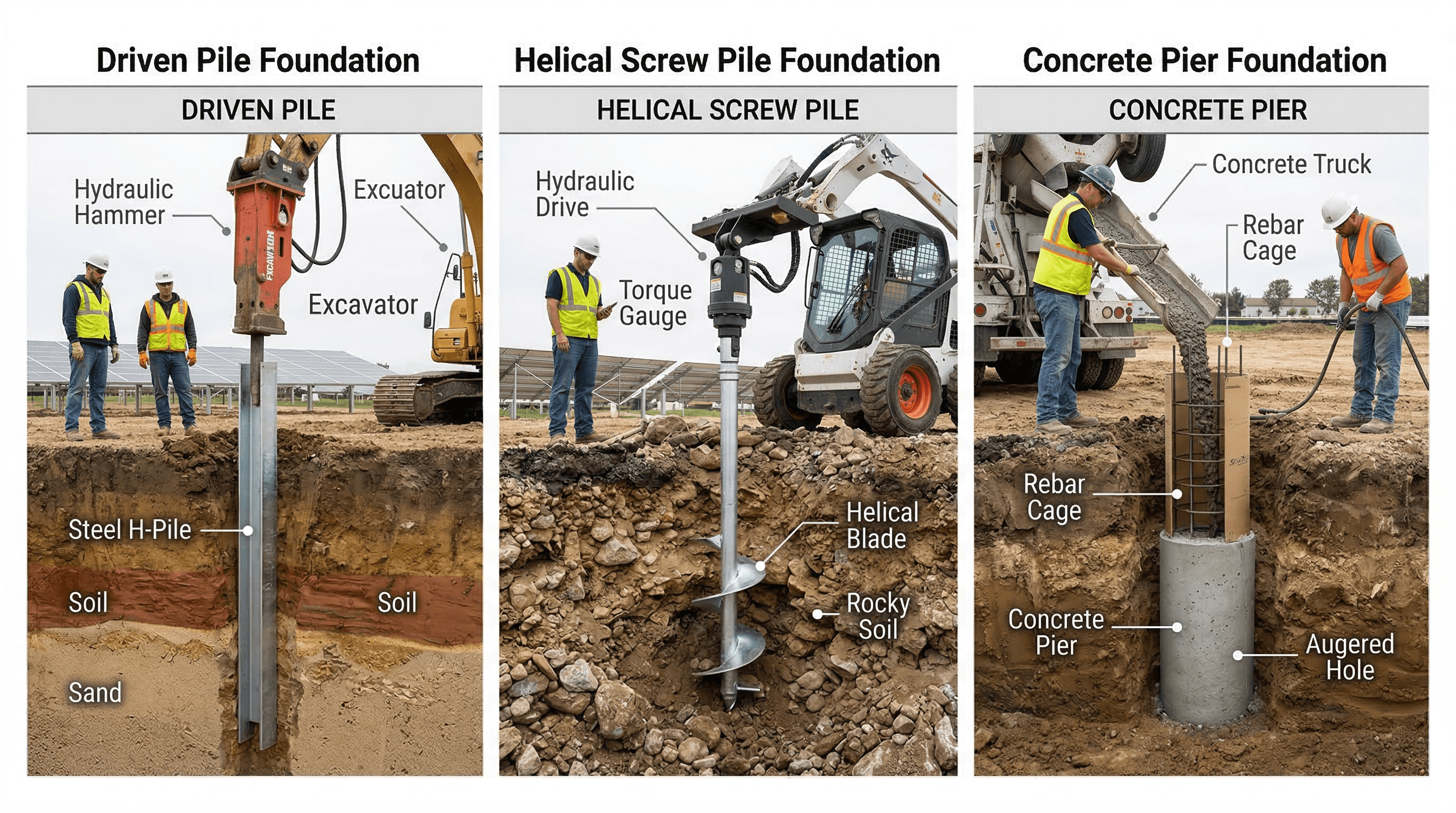 Three ground-mount solar foundation types: driven piles, helical piles, and concrete piers for NJ soil conditions