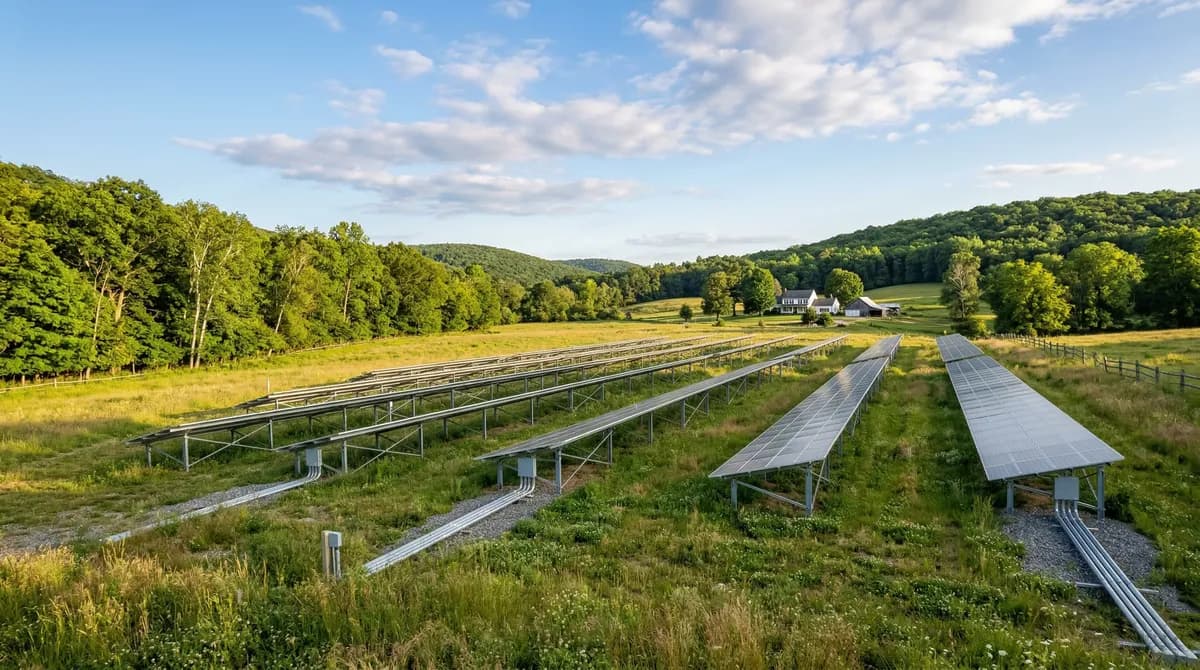 Ground-mounted solar panel array on a rural New Jersey property with rolling hills