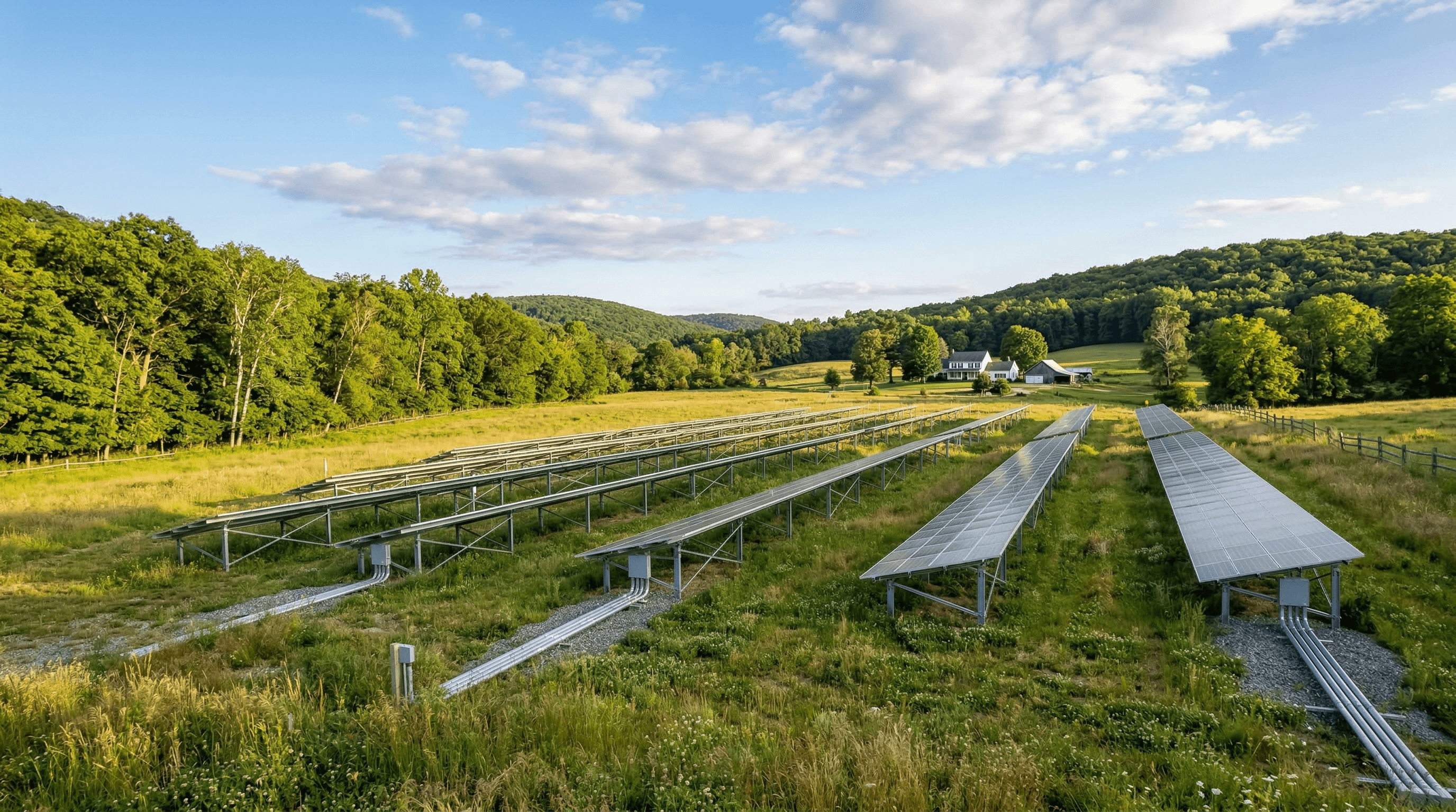 Ground-mounted solar panel array on a rural New Jersey property with rolling hills