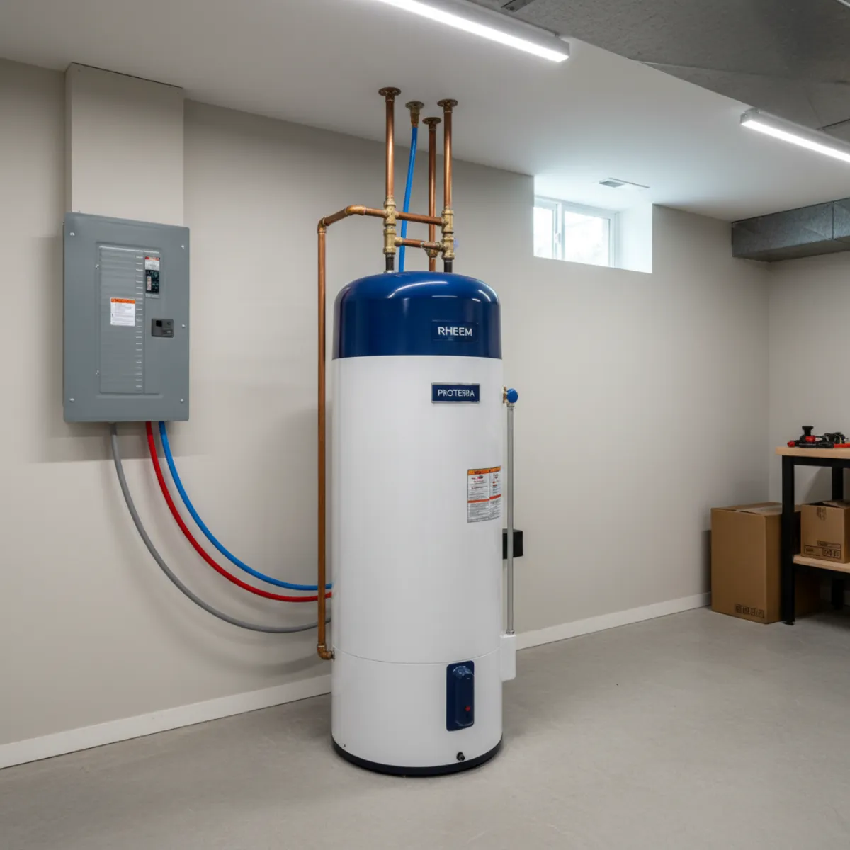 Heat pump water heater installed in a New Jersey basement with copper piping