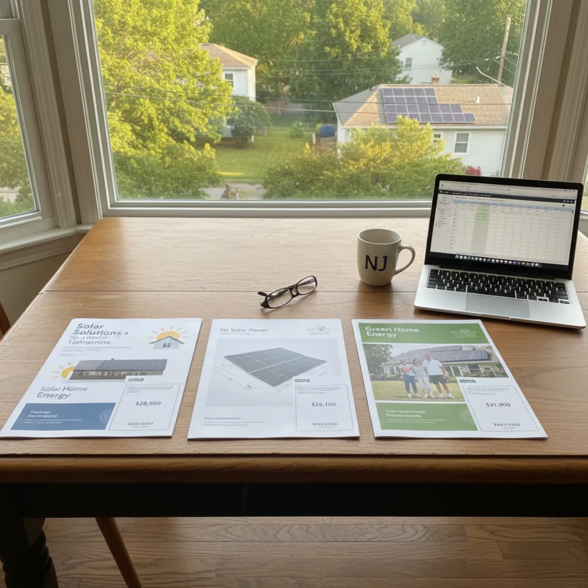 Homeowner comparing solar installer quotes at a kitchen table in New Jersey