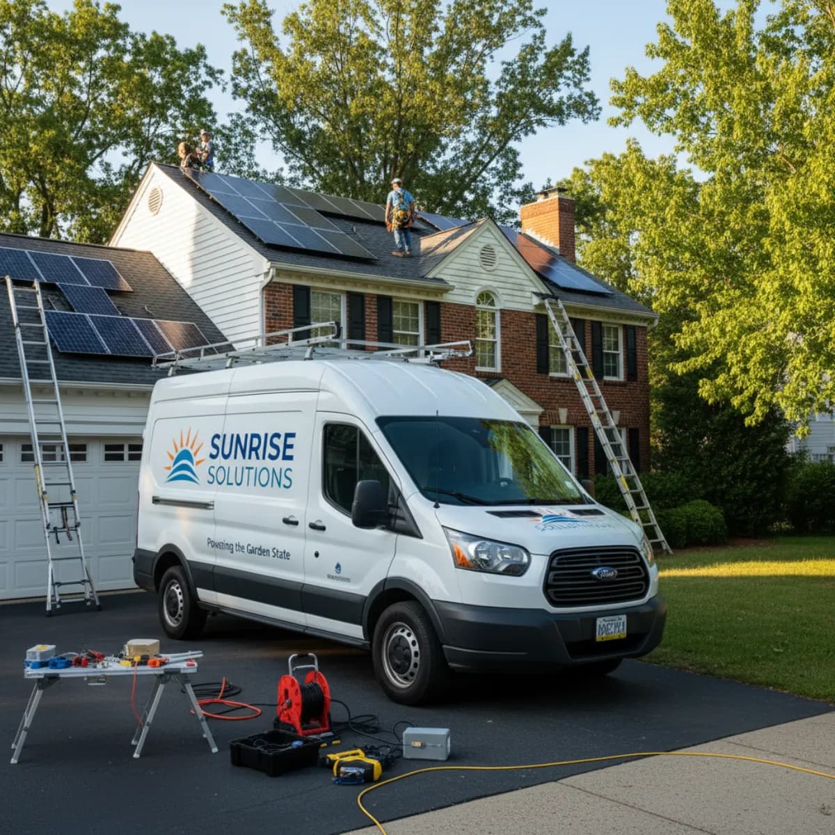 Local NJ solar installation crew on a suburban home rooftop