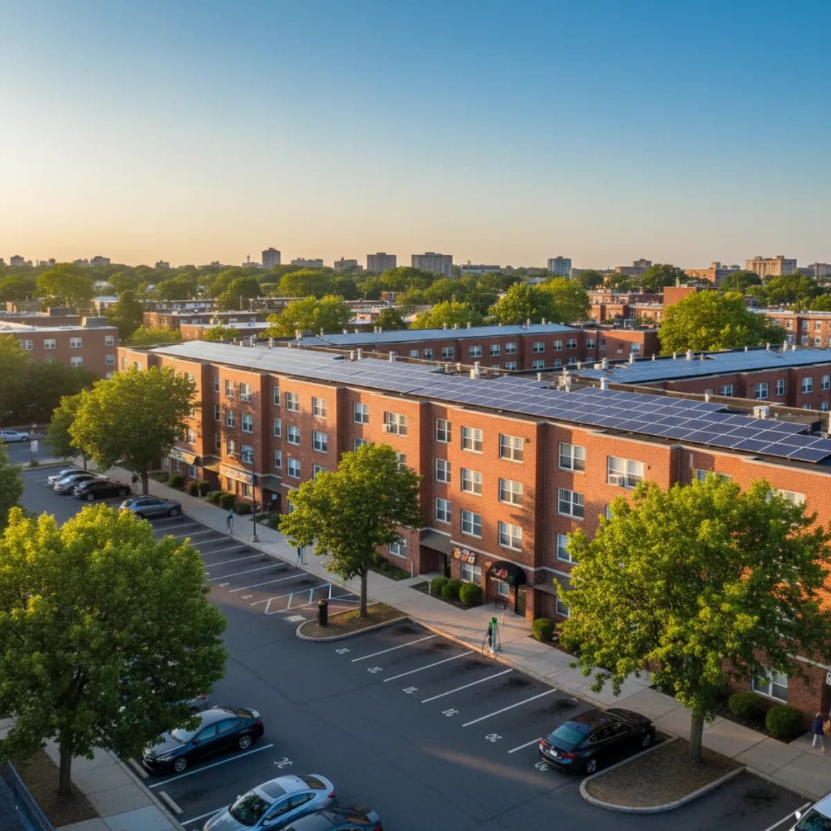 Solar panels installed on the roof of a New Jersey multifamily apartment building