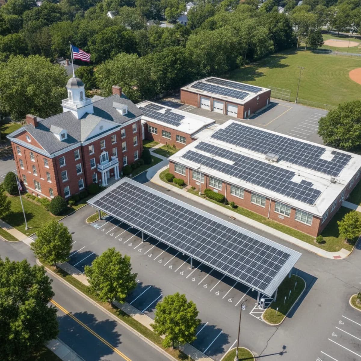 New Jersey municipal complex and public school building with rooftop solar arrays and a solar carport over the staff parking lot