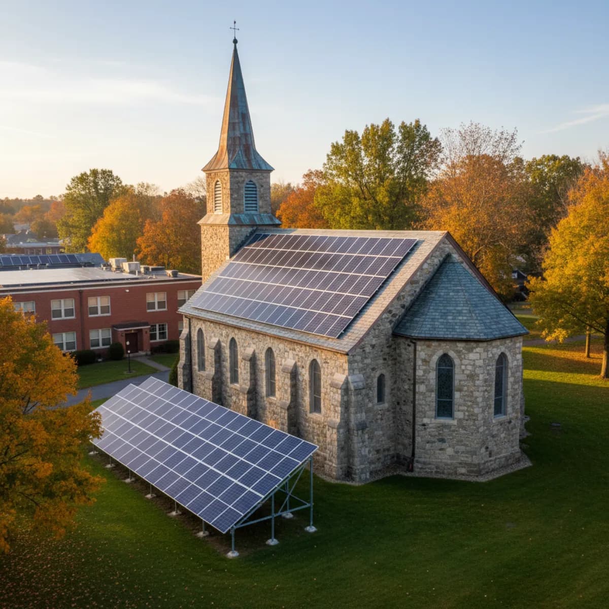 Solar panels on a NJ church rooftop with school building in background