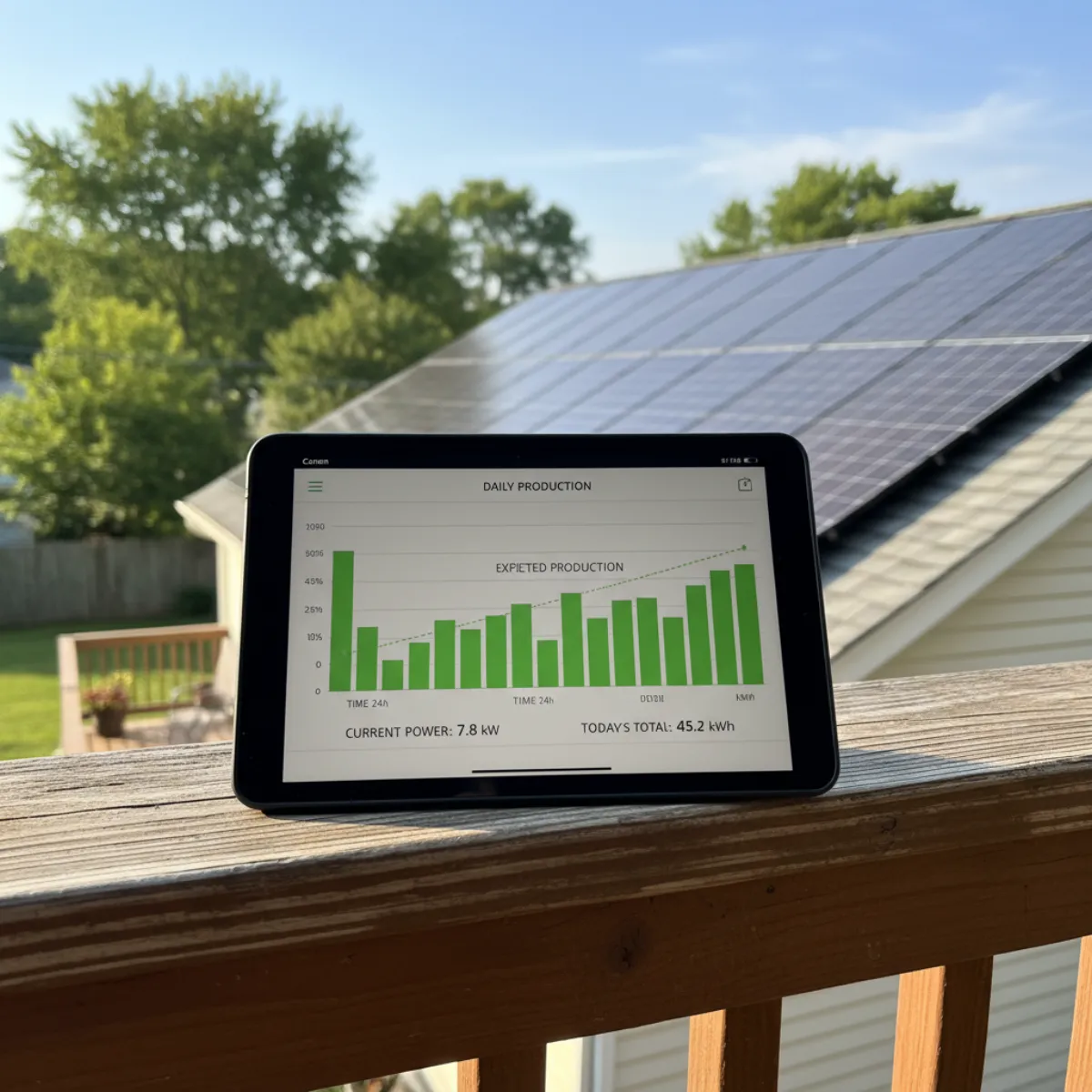 Solar panels producing energy on a New Jersey rooftop with monitoring dashboard