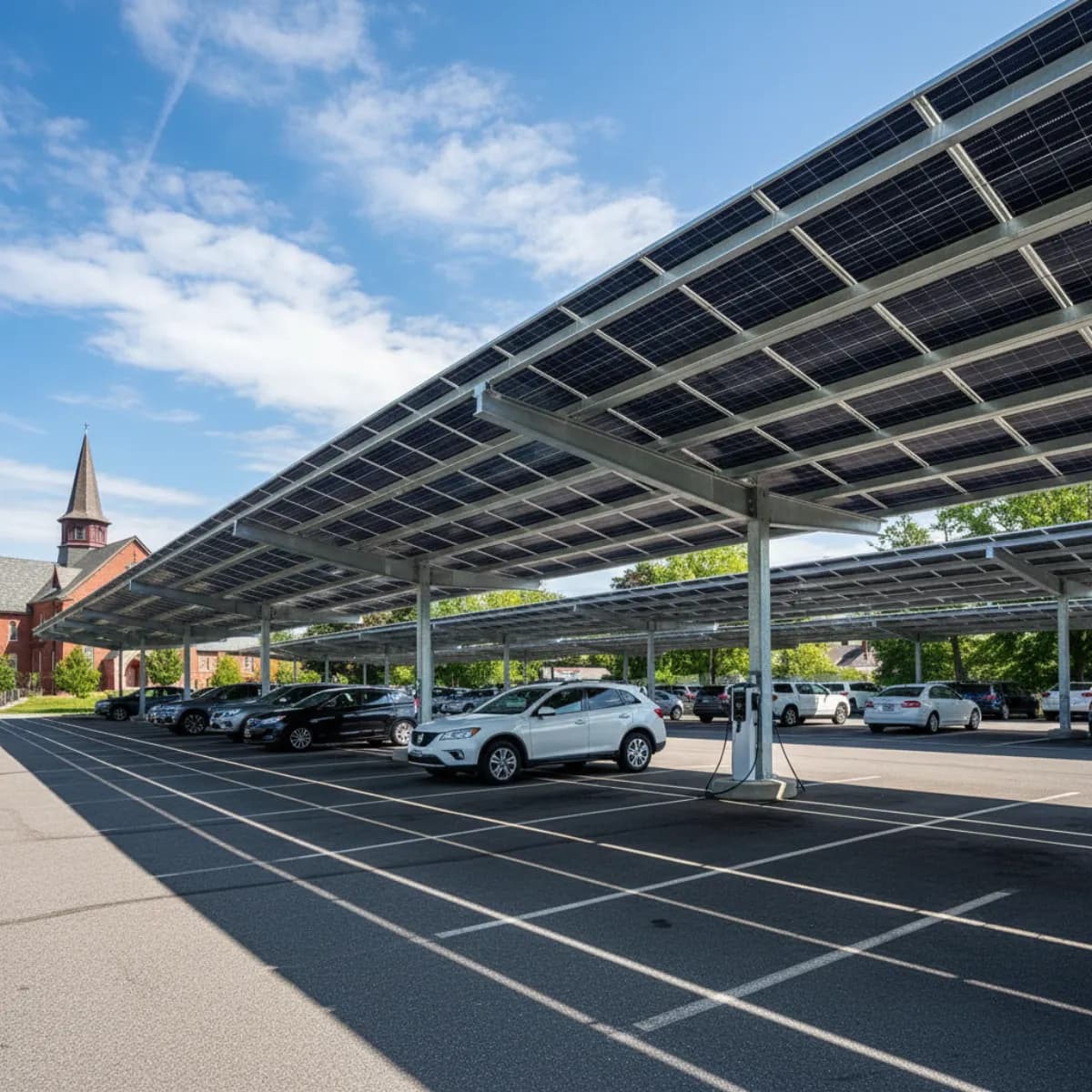 Solar carport installation over a NJ commercial parking lot with EV chargers
