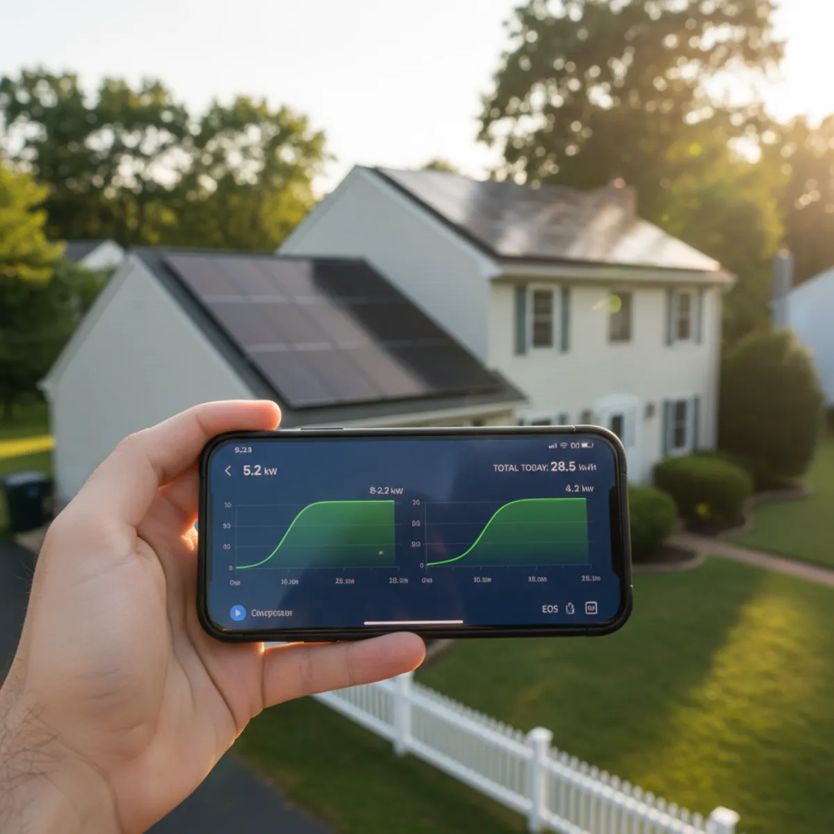 Solar production monitoring dashboard on tablet with NJ home solar panels in background