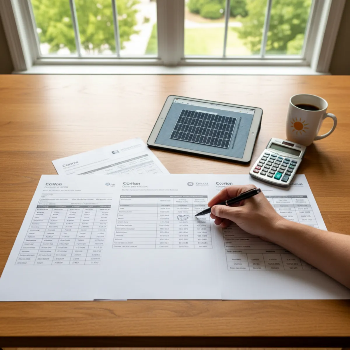 NJ homeowner reviewing solar quotes at kitchen table with comparison checklist