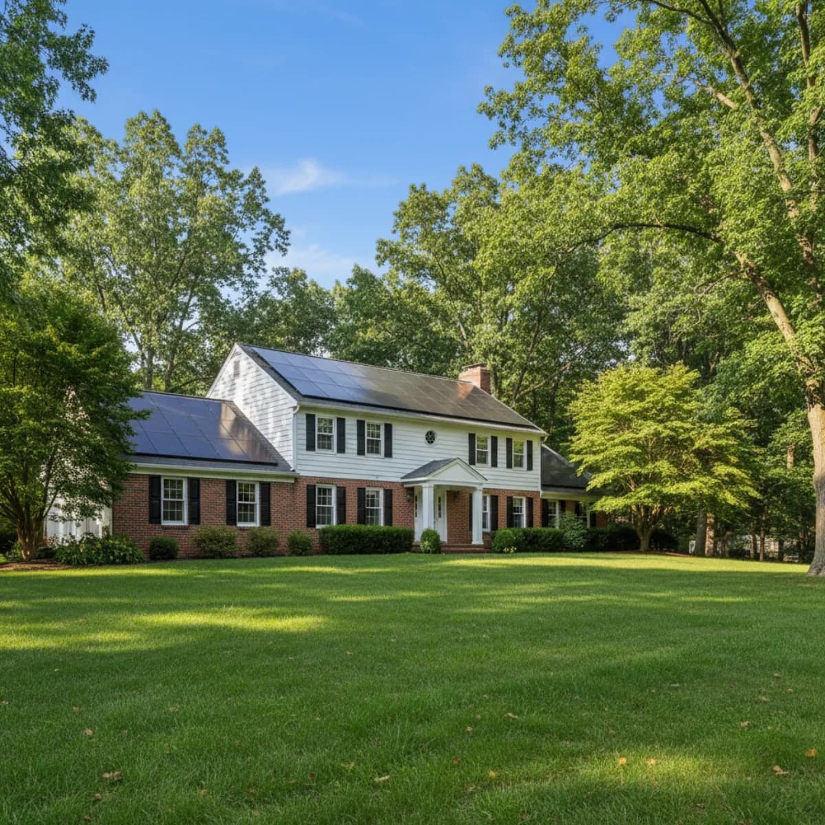 New Jersey suburban home with solar panels on roof in bright sunshine