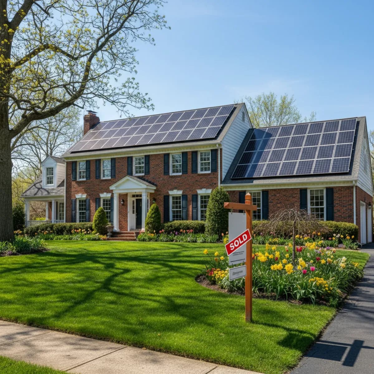 New Jersey suburban home with solar panels and financial growth chart overlay