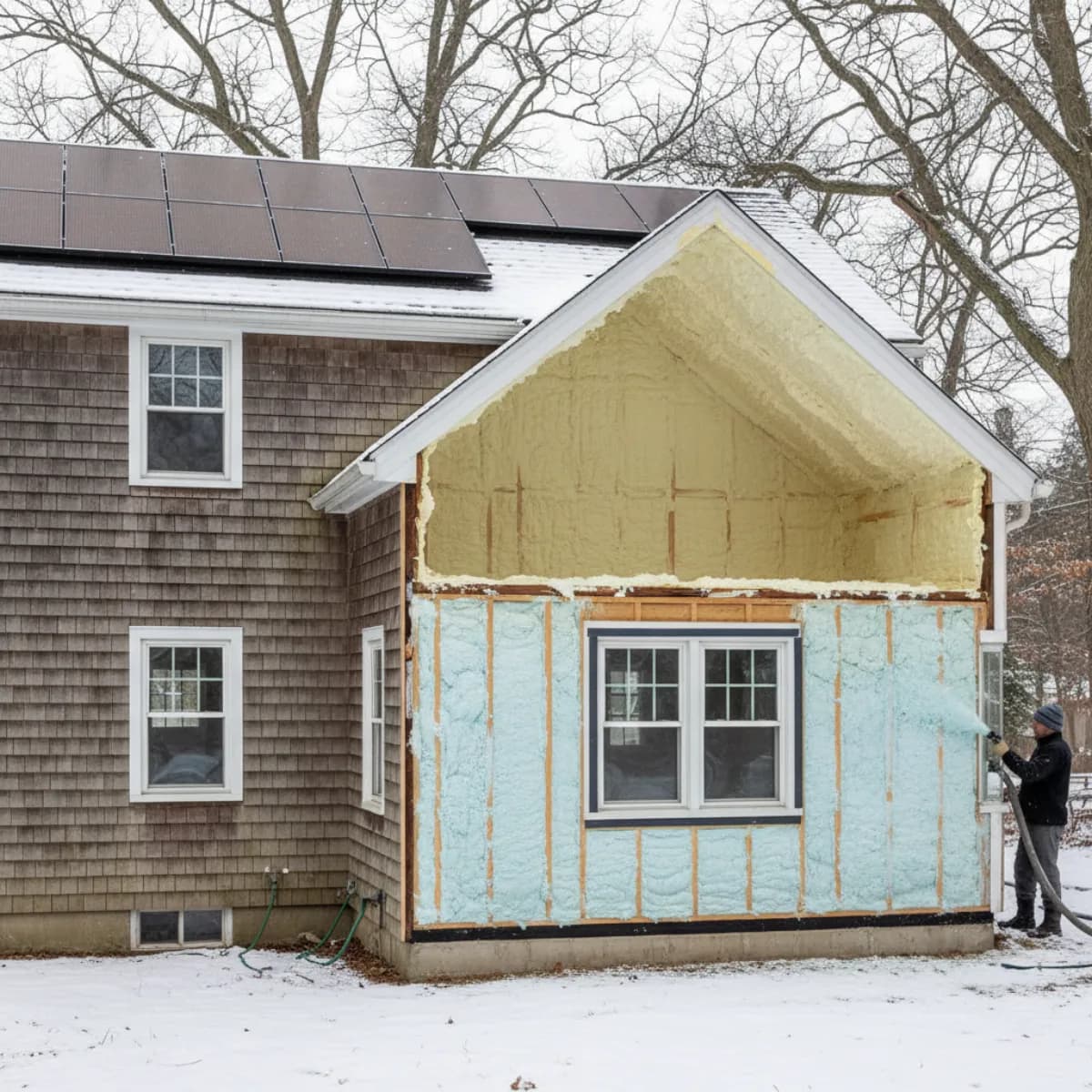 NJ Cape Cod home showing insulation installation with solar panels on roof