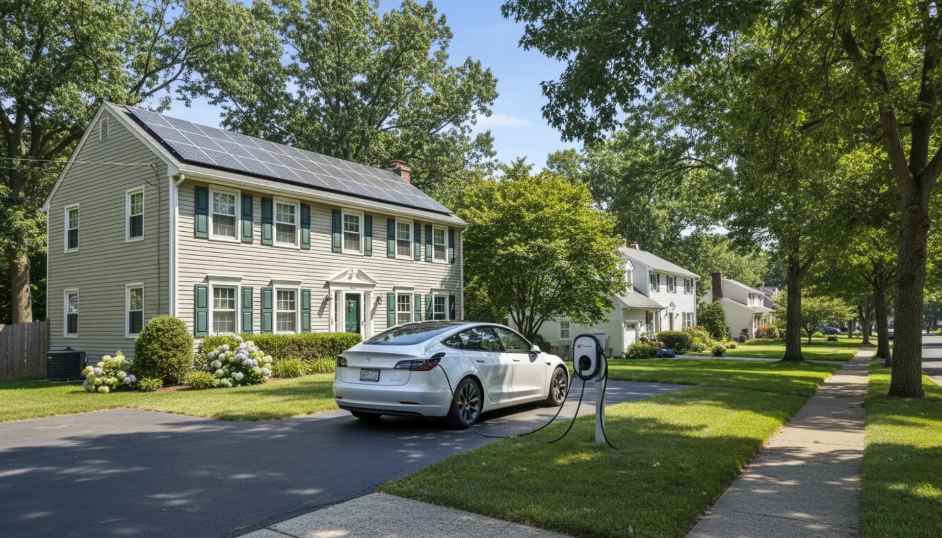 New Jersey home with solar panels and electric vehicle plugged into Level 2 charger