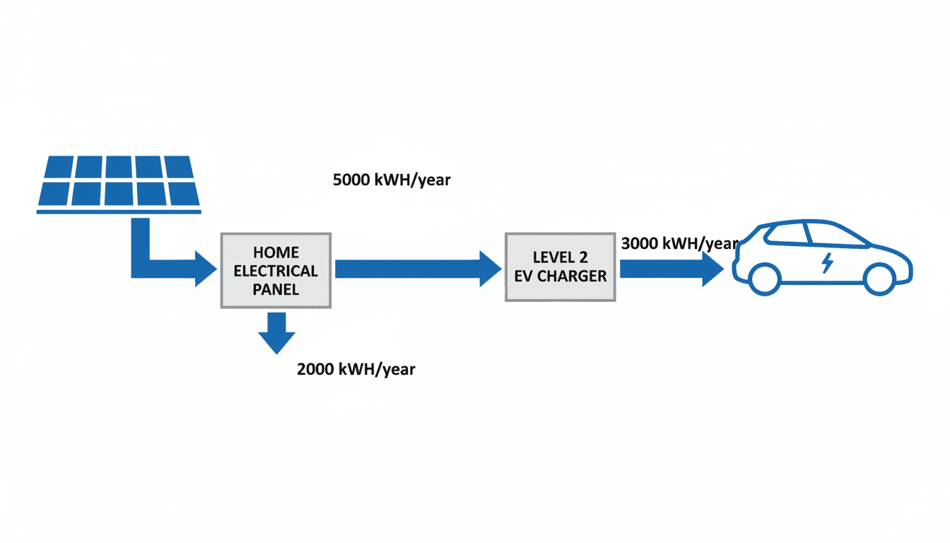Solar to EV charger energy flow diagram showing panels, inverter, home, and EV charger with kWh labels