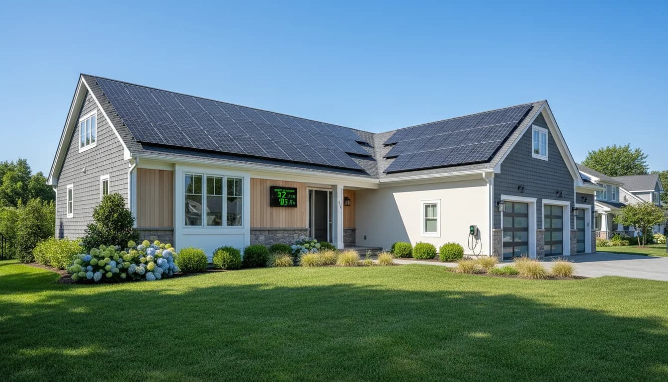 Solar panels on a New Jersey residential rooftop with suburban neighborhood