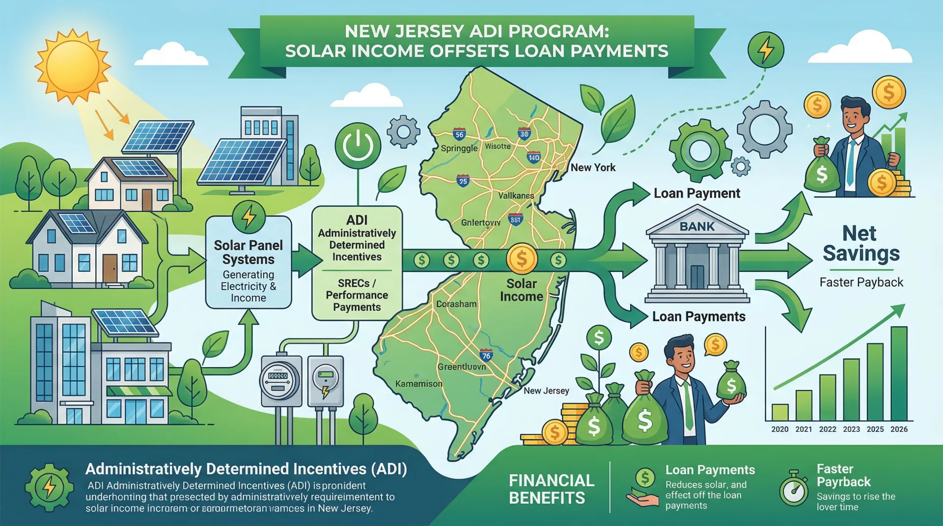 Diagram showing how NJ ADI solar income offsets monthly loan payments over 15 years
