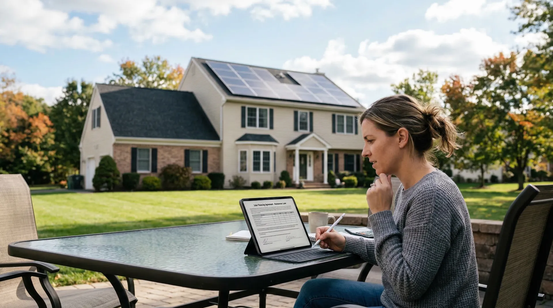 New Jersey suburban home with solar panels, homeowner reviewing financing options on a tablet