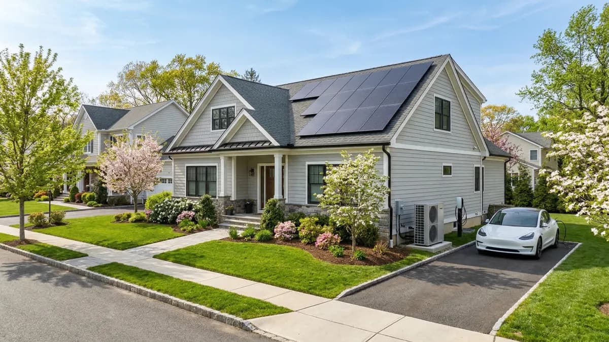 New Jersey whole-home electrification: solar panels, heat pump, and EV charger on a suburban home