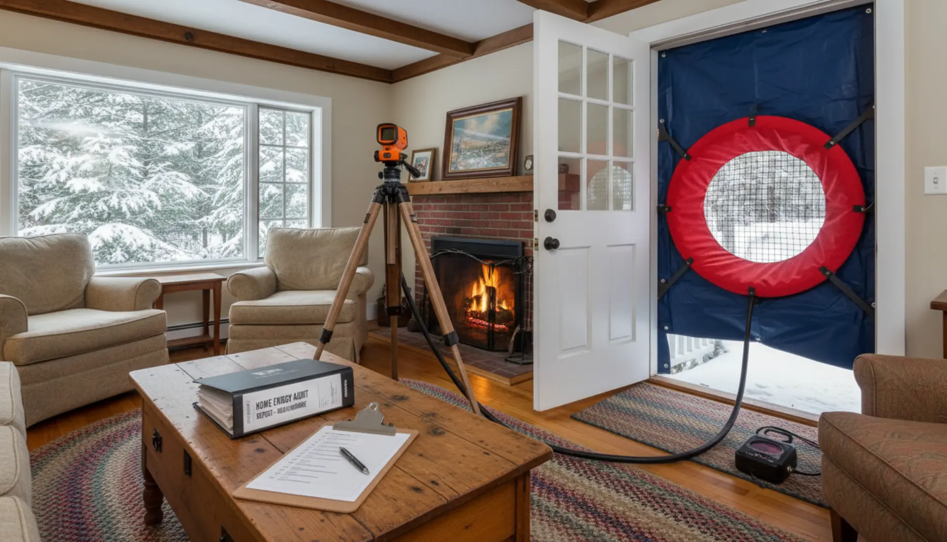 NHSaves home energy audit -- technician performing blower door test and thermal imaging