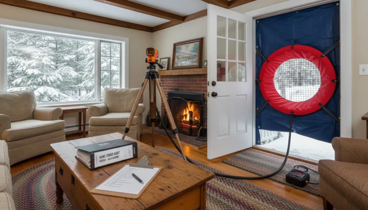 NHSaves home energy audit -- technician performing blower door test and thermal imaging