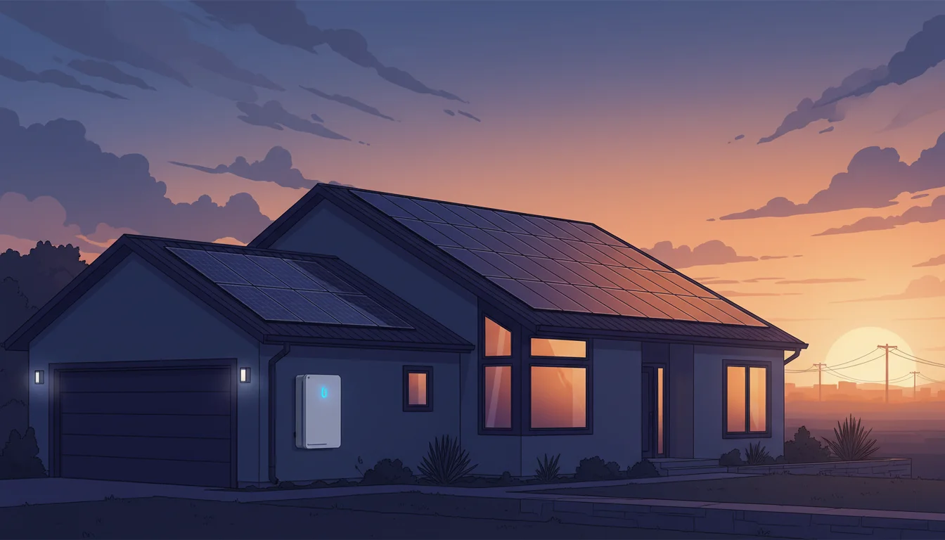 New Jersey home with rooftop solar panels and battery storage system at dusk