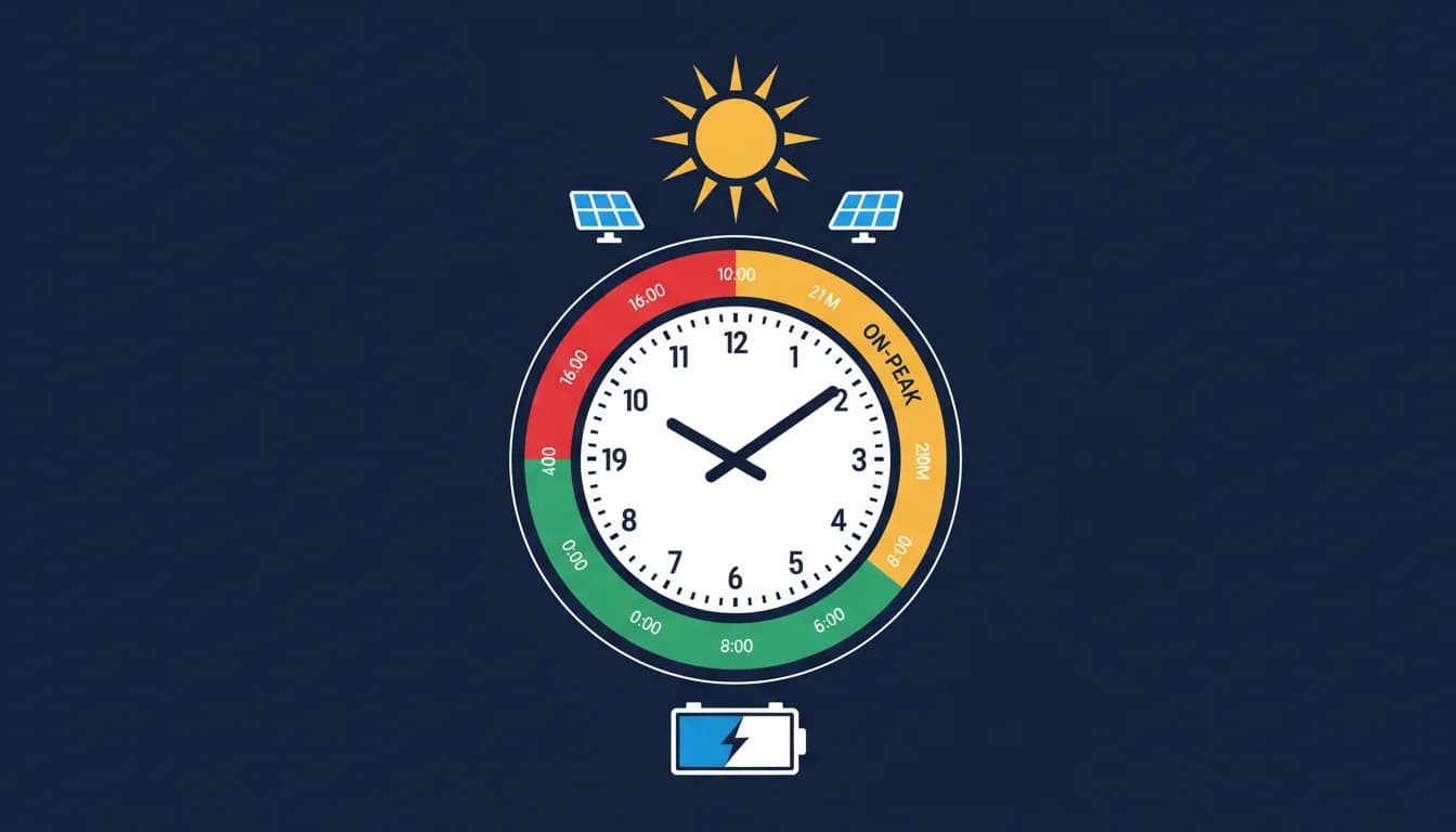 Infographic showing PSEG 3-period TOU rate structure with on-peak, mid-peak, and off-peak hours