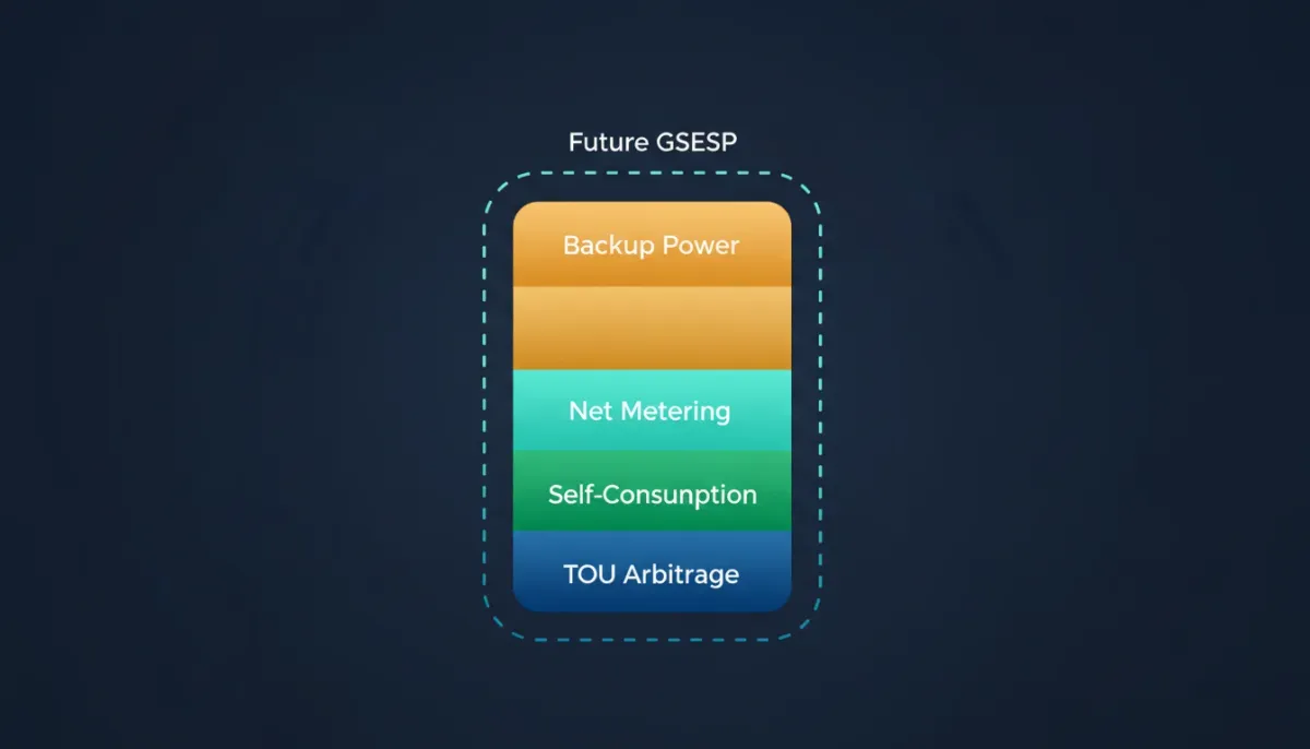 Battery value stack diagram showing TOU arbitrage, self-consumption, net metering optimization, and backup power layers