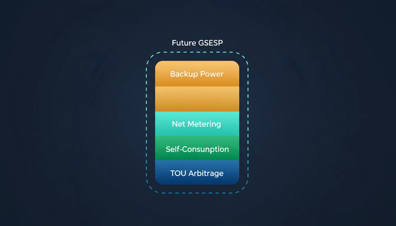 Battery value stack diagram showing TOU arbitrage, self-consumption, net metering optimization, and backup power layers