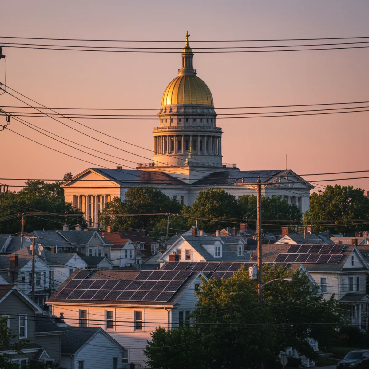 New Jersey State House with solar panels and energy infrastructure