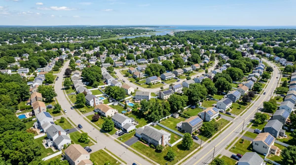 Aerial view of Peabody Massachusetts with solar panels on residential rooftops