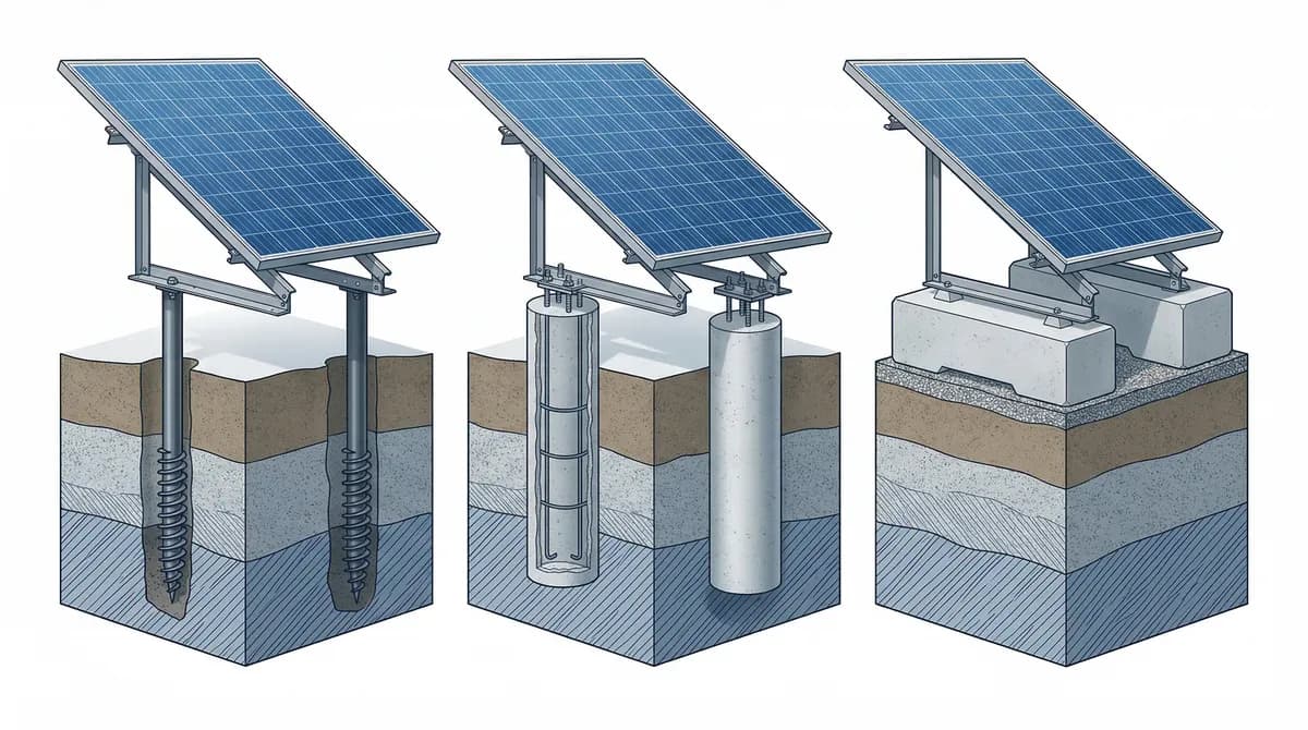 Ground-mount solar foundation types: ground screws, concrete piers, and ballasted systems