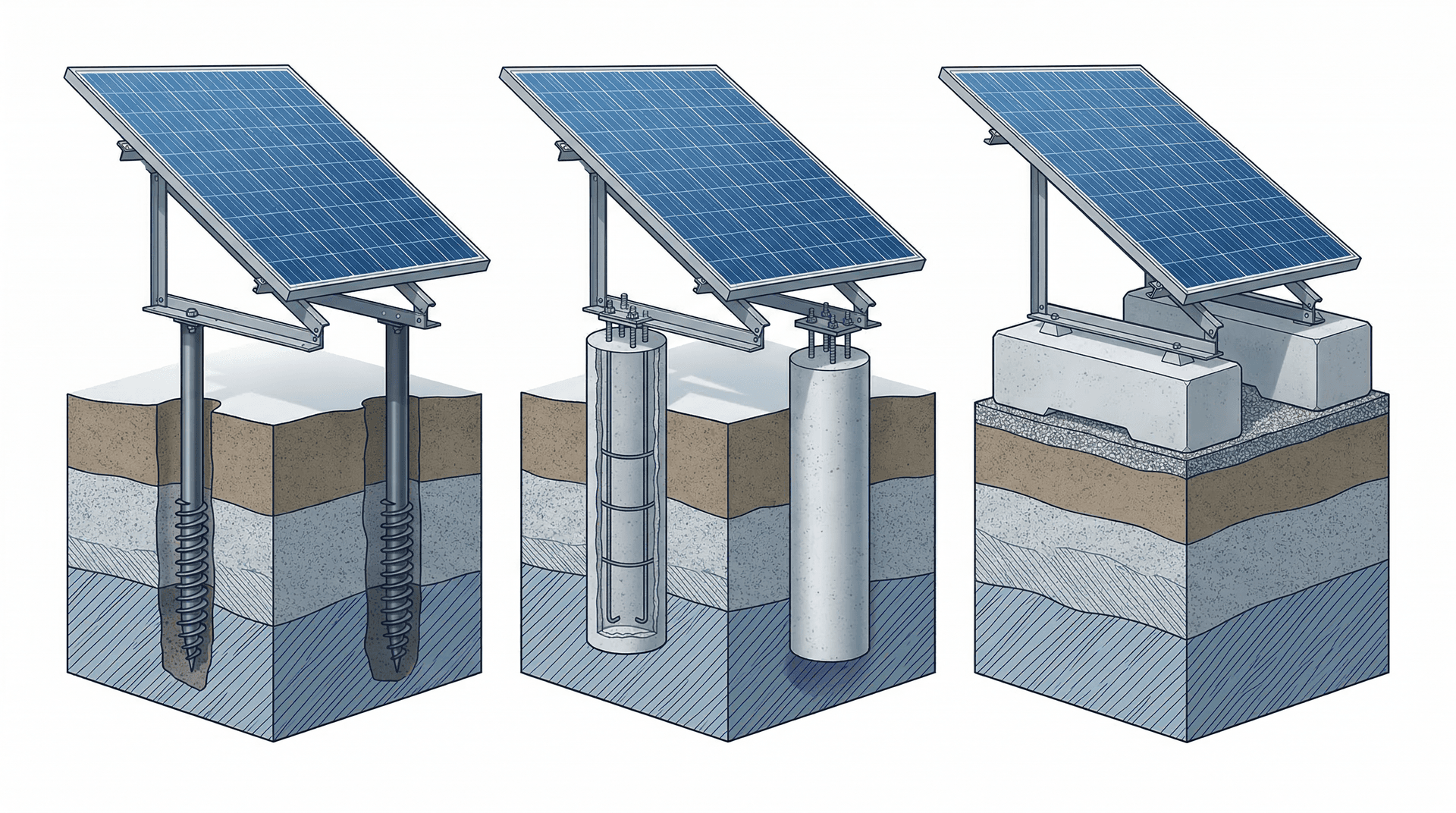 Ground-mount solar foundation types: ground screws, concrete piers, and ballasted systems