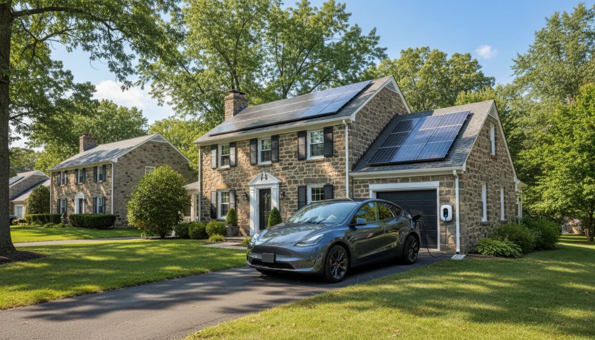 Pennsylvania home with solar panels and electric vehicle plugged into Level 2 charger