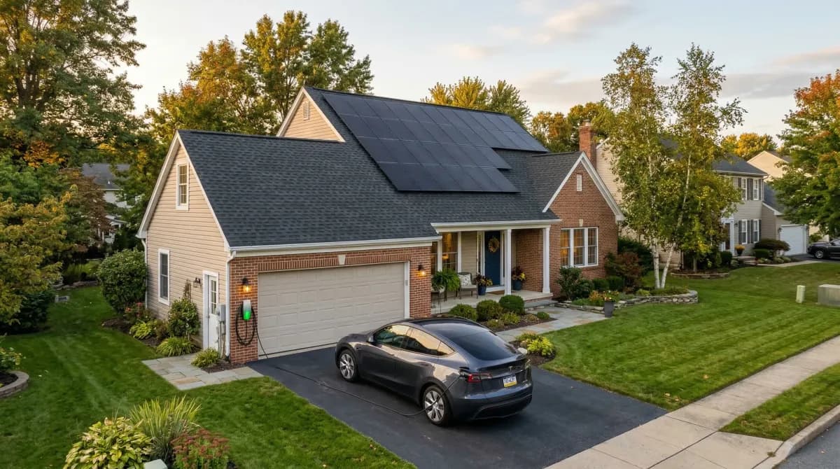 Pennsylvania home with solar panels and electric vehicle charging in driveway