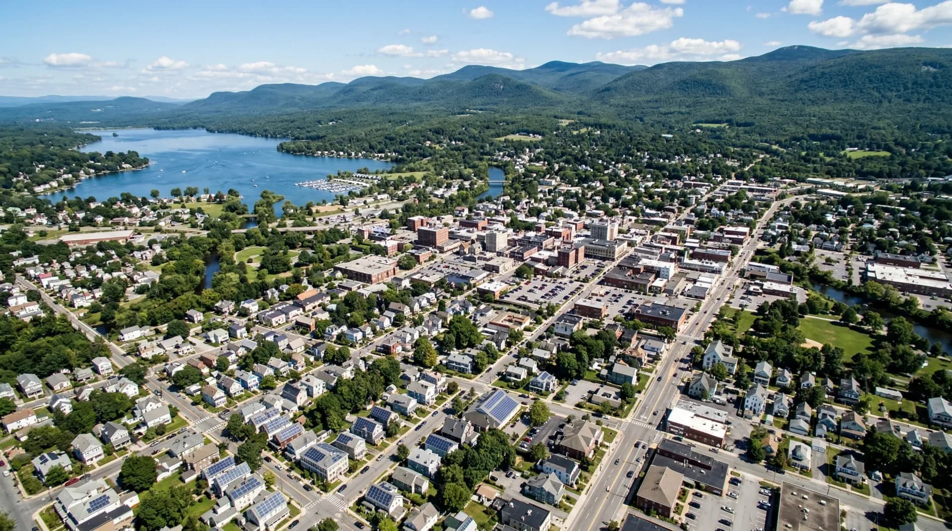 Aerial view of Pittsfield Massachusetts with solar panels on residential rooftops