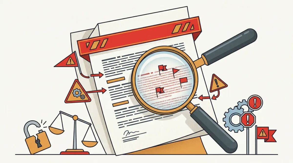 A homeowner reviewing a long solar lease contract with warning signs highlighted — illustrating the predatory solar scam landscape in 2026