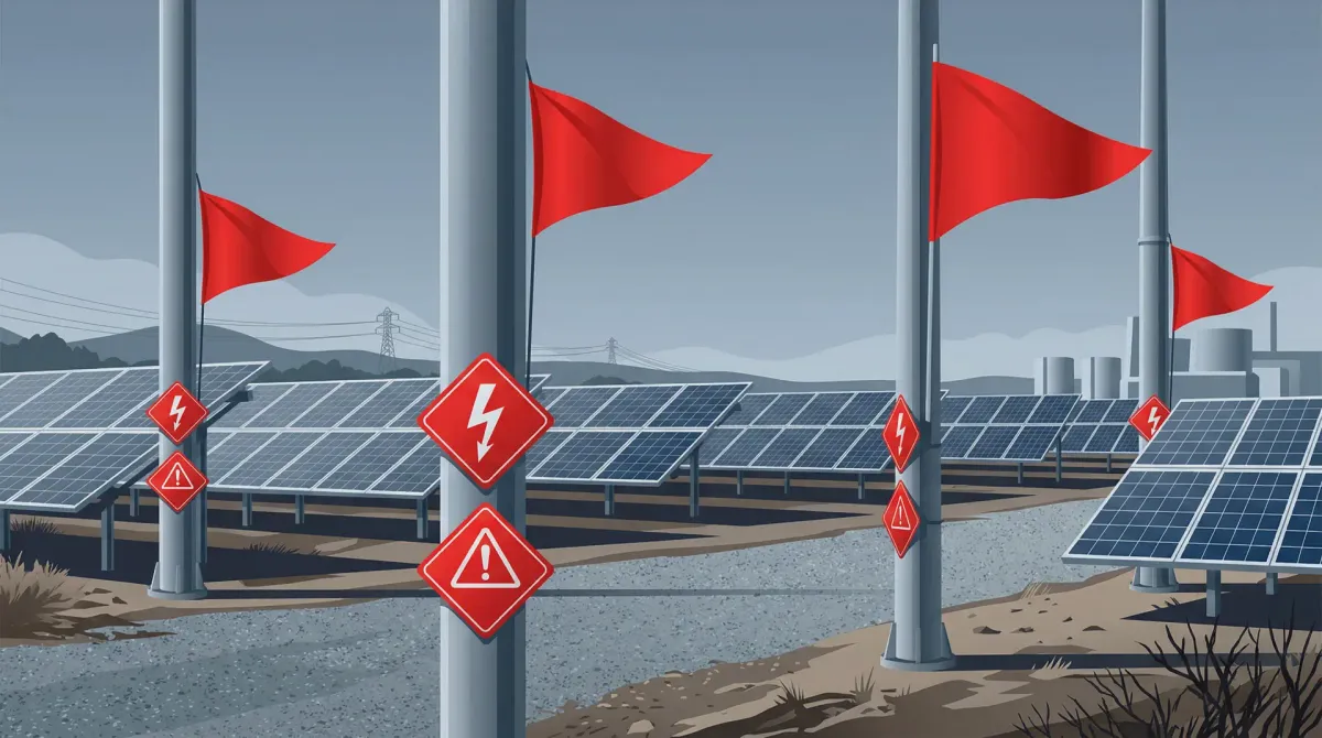 Infographic showing 9 red flags of predatory solar contracts including escalator clauses, hidden fees, and high-pressure sales tactics