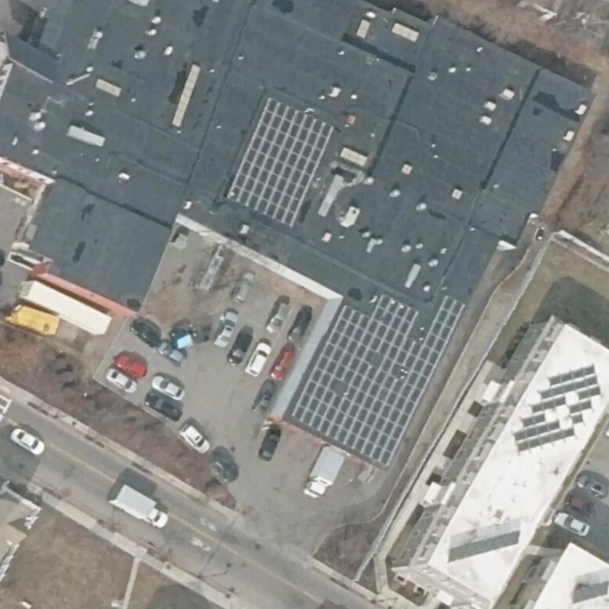 Aerial view of the solar array at Dorchester Bay Economic Development Corporation