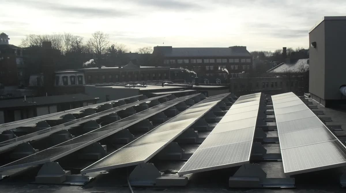 Rows of solar panels on the Islamic Society of Boston Cultural Center roof in Roxbury