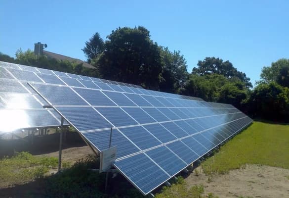 Ground-level view of the Pleasant Valley Gardens ground-mounted solar array in Methuen Massachusetts