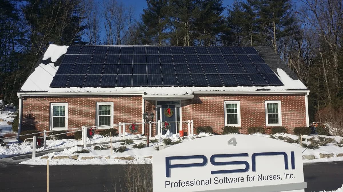 Pitched-roof solar array at Professional Software for Nurses in Amherst New Hampshire
