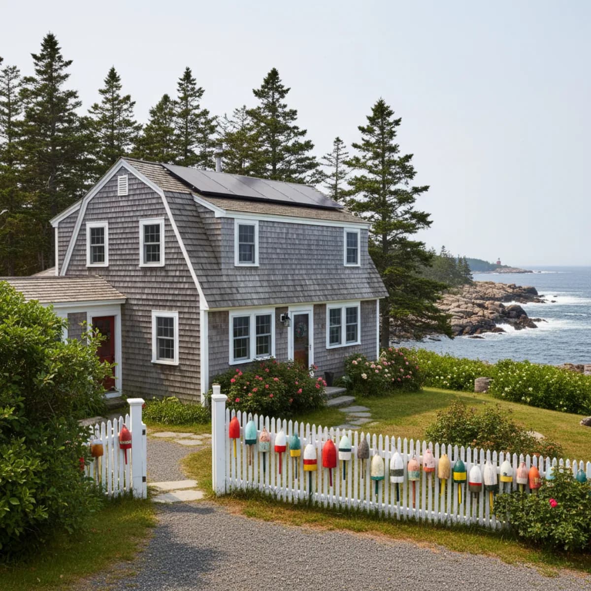 Maine coastal home with solar panels